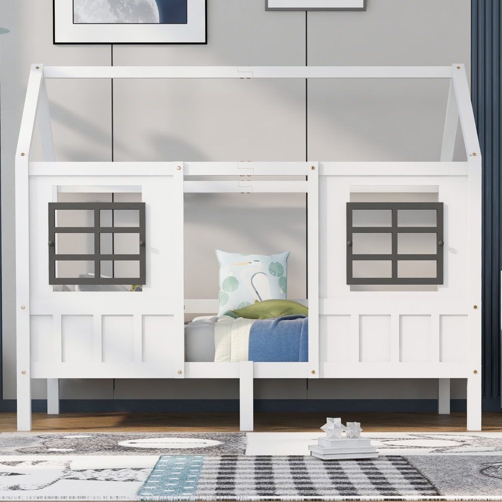 Merax 90x200cm Hausbett, Einzelbett, Tagesbett, Kinderbett mit 2 Fenstern, Rahmen aus Kiefer, MDF, weiß Bild 1