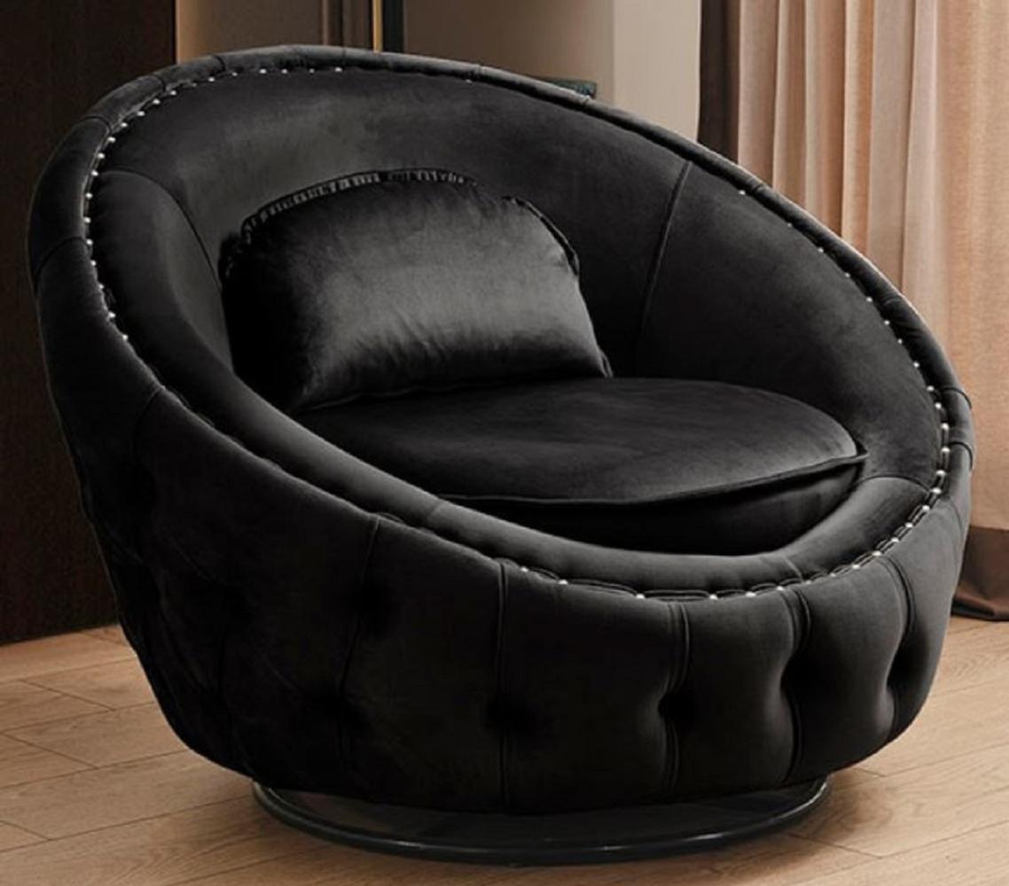 Casa Padrino Luxus Chesterfield Drehsessel Schwarz Ø 90 cm - Moderner Chesterfield Wohnzimmer Sessel - Luxus Chesterfield Wohnzimmer Möbel Bild 1