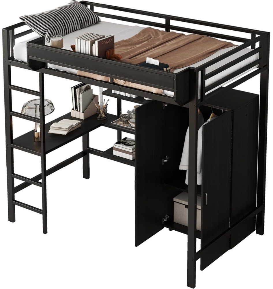 SeedWave Hochbett Mehrzweck-Bett mit Arbeitstisch, Kleiderschrank und Ablagen, 90x200cm Eisenbett mit Anti-Kip-Funktion, Kleiderschrank inkl. 2 Fächer Bild 1