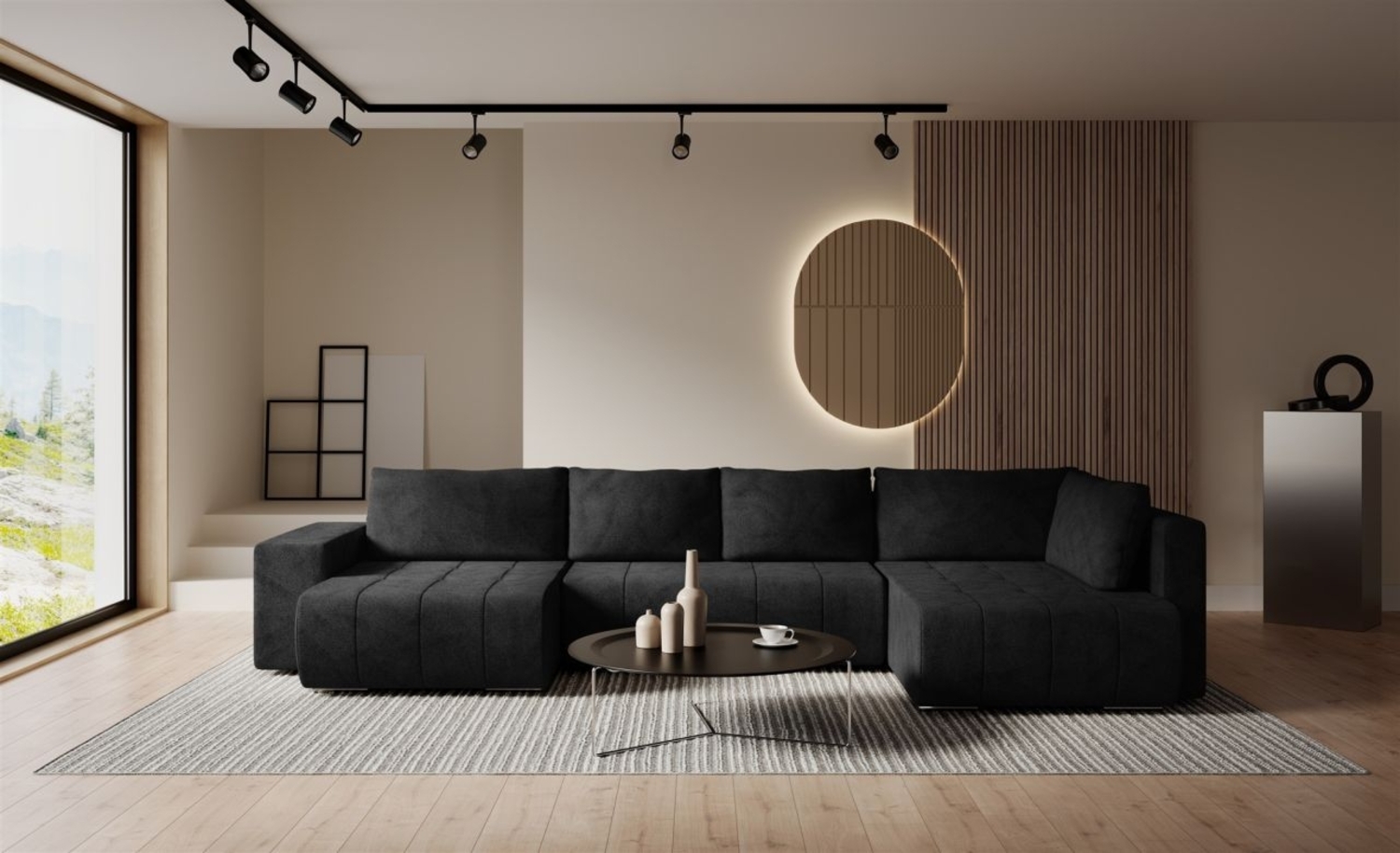 Wohnlandschaft Schlafsofa ARMANDA in Stoff Blur Schwarz langer Schenkel Rechts Bild 1