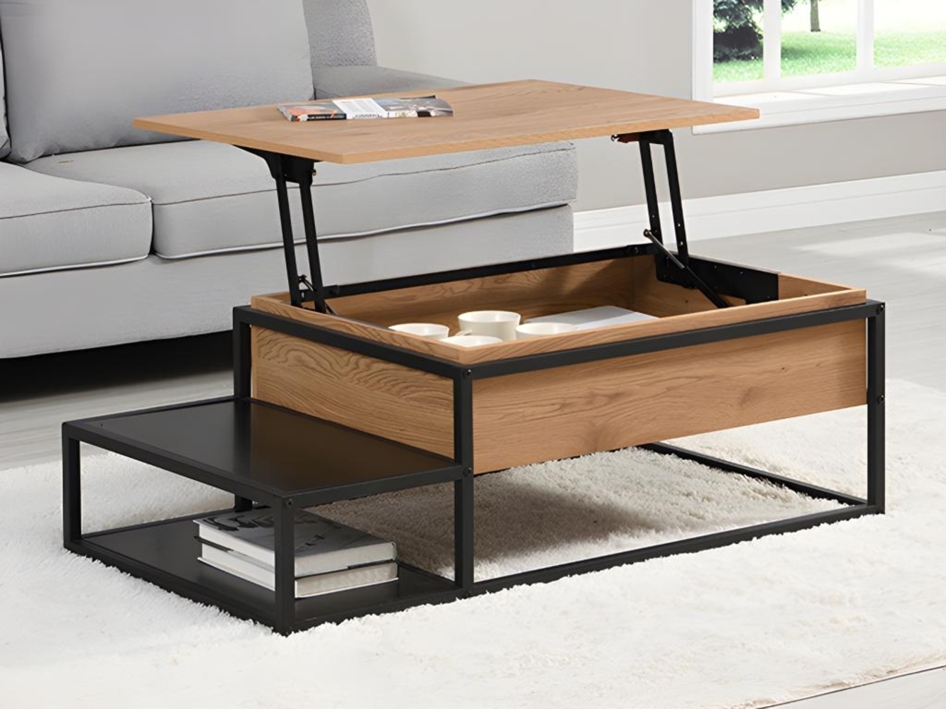 Vente-unique - Couchtisch höhenverstellbar - MDF & Metall - Naturfarben & Schwarz - LUTESA Bild 1