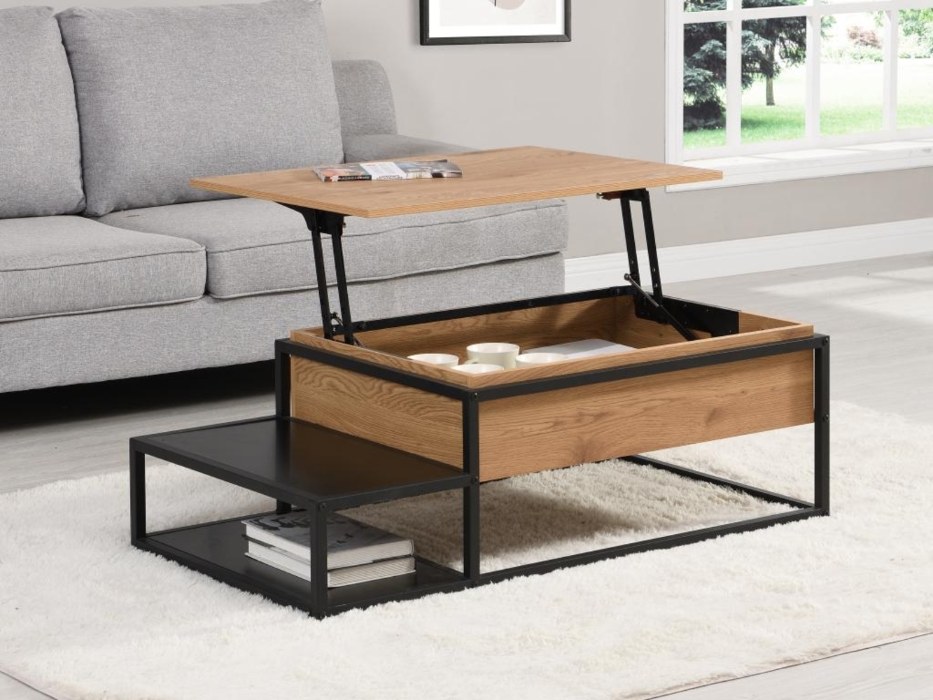 Vente-unique - Couchtisch höhenverstellbar - MDF & Metall - Naturfarben & Schwarz - LUTESA Bild 1