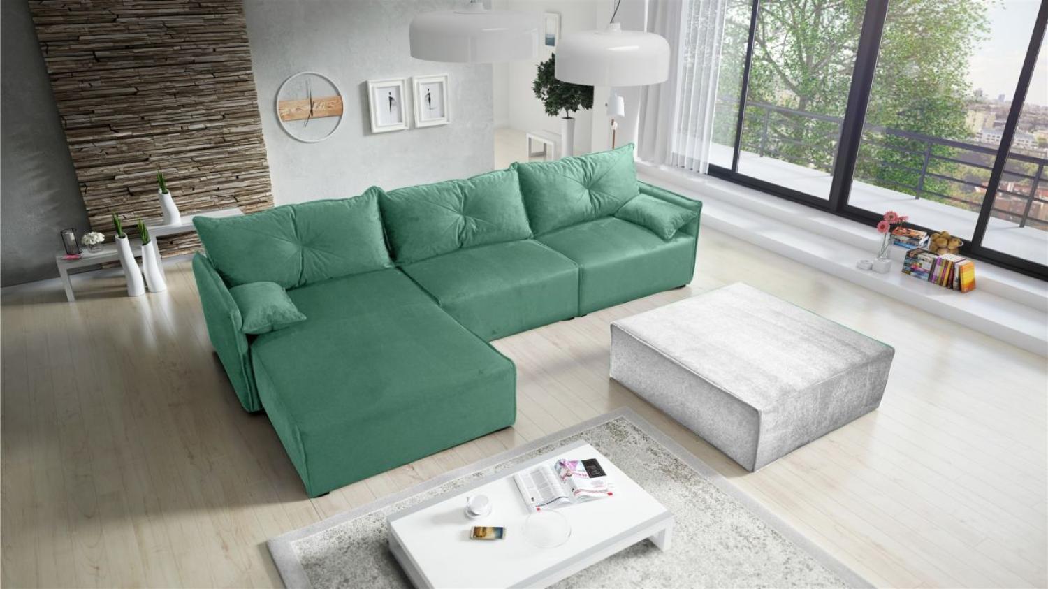 Ecksofa mit Schlaffunktion HUNTER in Stoff Royal Mintgrün Ottomane Links Bild 1