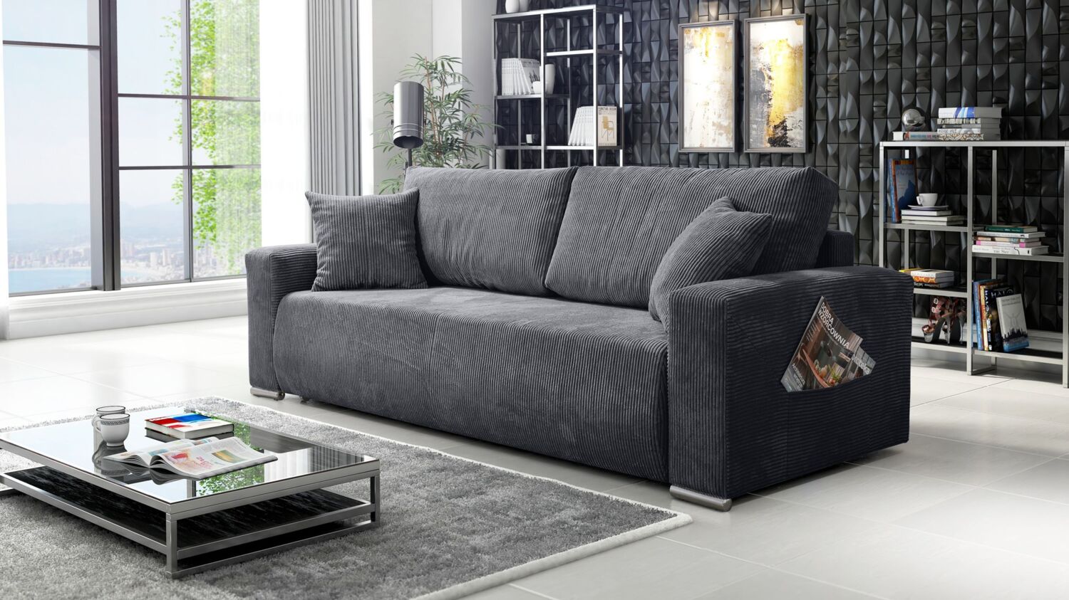 Sofa Couch Schlafsofa Wohnlandschaft Schlaffunktion 3-Sitzer Lincoln Cord Grau Bild 1