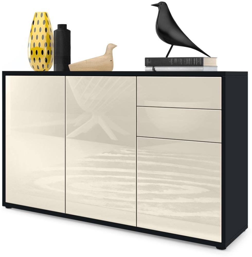 Vladon Sideboard Ben V3, Kommode mit 3 Türen und 2 Schubladen, Schwarz matt/Creme Hochglanz (117 x 74 x 36 cm) Bild 1