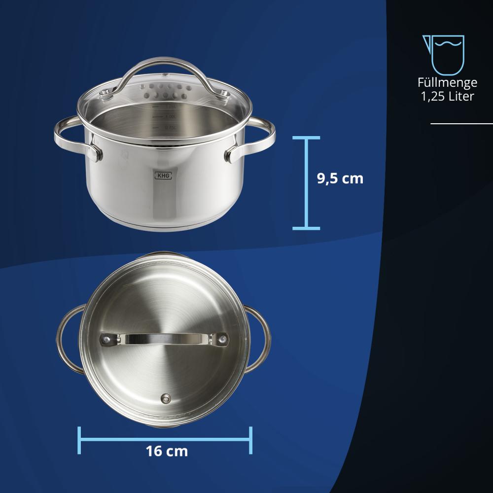 KHG Induktion Kochtopf | Ø 16 cm und 1,25 Liter Volumen | Soßentopf, Fleischtopf aus rostfreiem Edelstahl | Topf inkl. Glasdeckel mit Sieb | Innenskala, Ausguss Bild 1