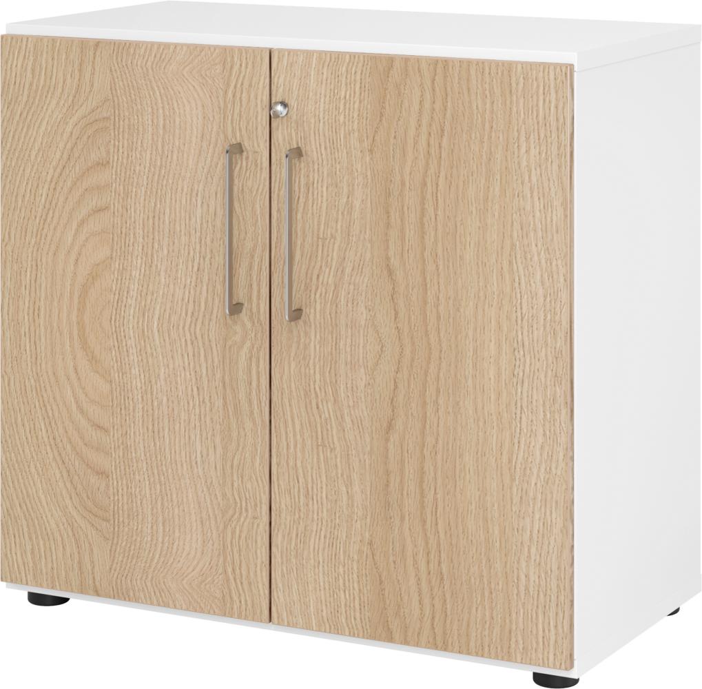 bümö Aktenschrank abschließbar, Büroschrank Holz 80cm breit in Weiß/Eiche - abschließbarer Schrank mit Aktenregal für's Büro & Arbeitszimmer, Büro Möbel Ordnerschrank mit Schloss, 928T2-W-E-BS Bild 1