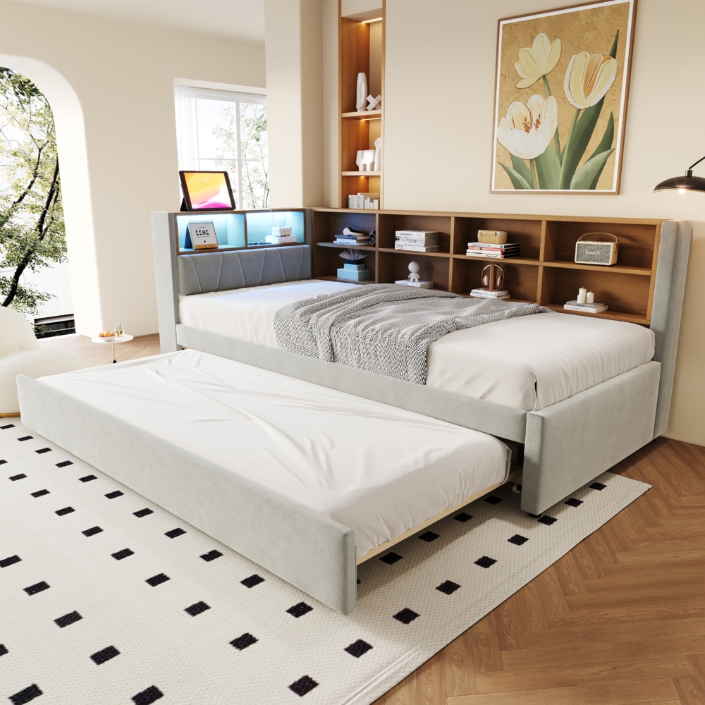 Merax Polsterbett 90*200cm Einzelbett, Daybett, Schlafsofa, mit Ausziehbett 90*190, ausgestattet mit LED Leuchten, Steckdosen und vielen Ablagefächern, Flanell, Hellgrau Bild 1