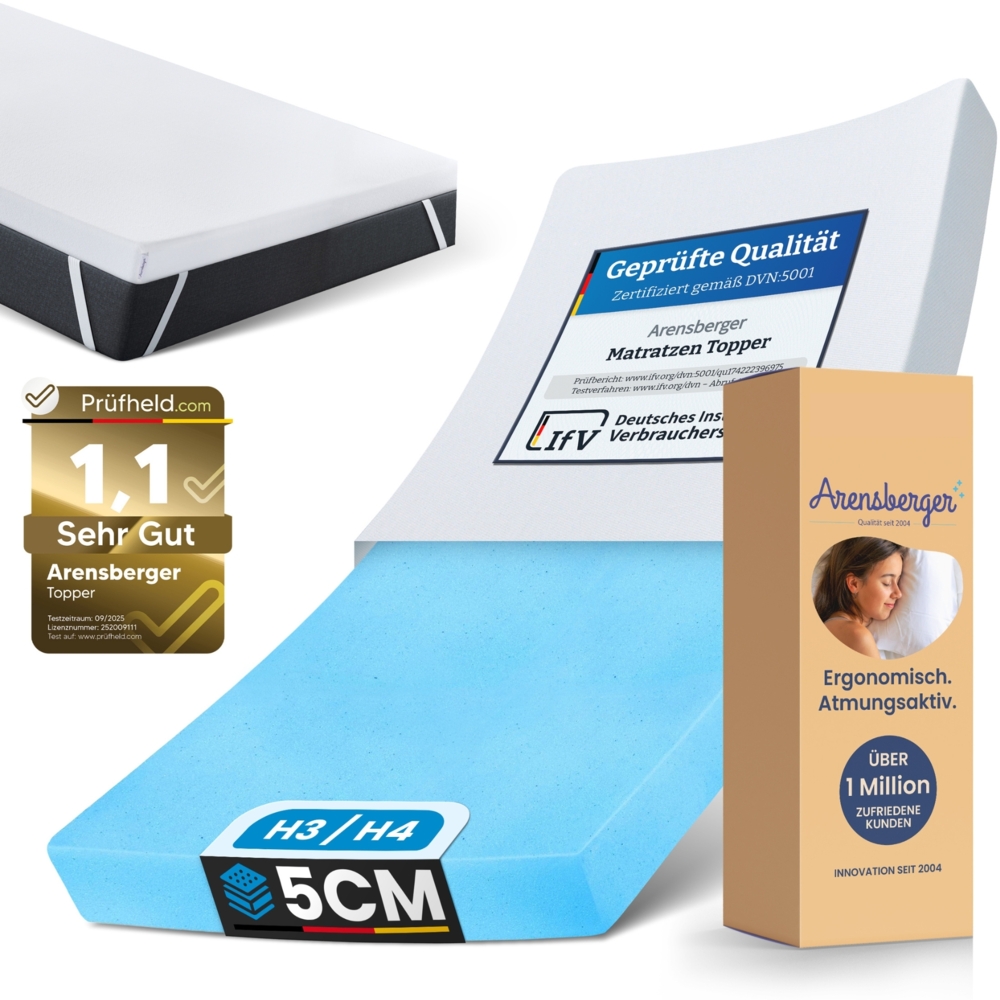 Arensberger Matratzen Topper ESSENCE, 90x200cm, Gelschaum Matratzentopper, waschbarer Bezug, geeignet für Federkern & Schaumstoff Matratzen, Höhe 5cm Bild 1