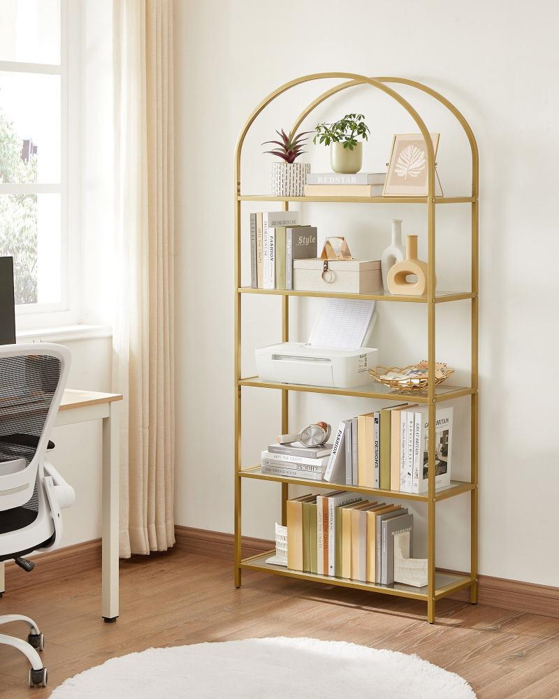 Vasagle Aufbewahrungsregal, mit 5 Ebenen, Standregal aus Hartglas, bogenförmiges Bücherregal, für Wohnzimmer, Schlafzimmer, Arbeitszimmer, golden von Songmics LGT050A01 Bild 1