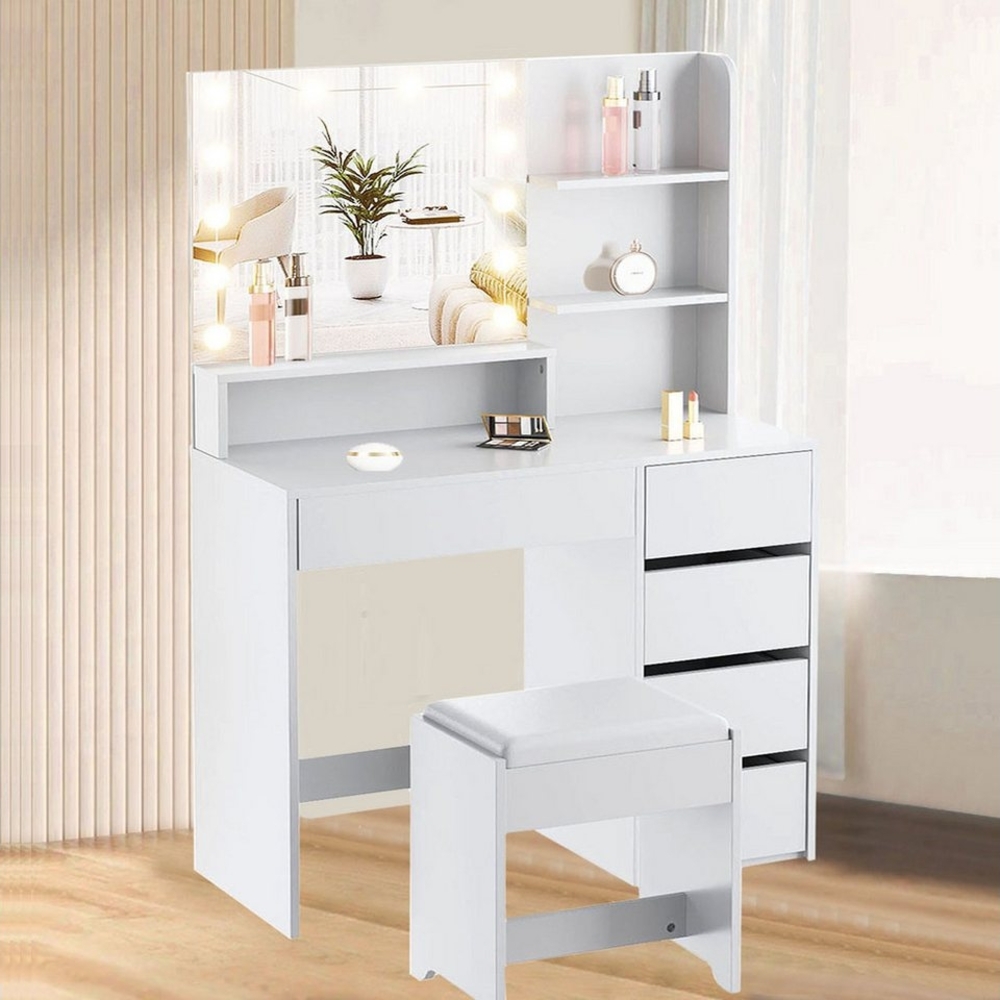 oyajia Schminktisch Kosmetiktisch mit Spiegel und Hocker, Kosmetikspiegel und 5 Schubladen (Make-up Tisch mit 5 Schubladen und 3 offene Ablagen), 140cm Frisierkommode mit LED Beleuchtung,Schlafzimmermöbel Vanity Set Bild 1