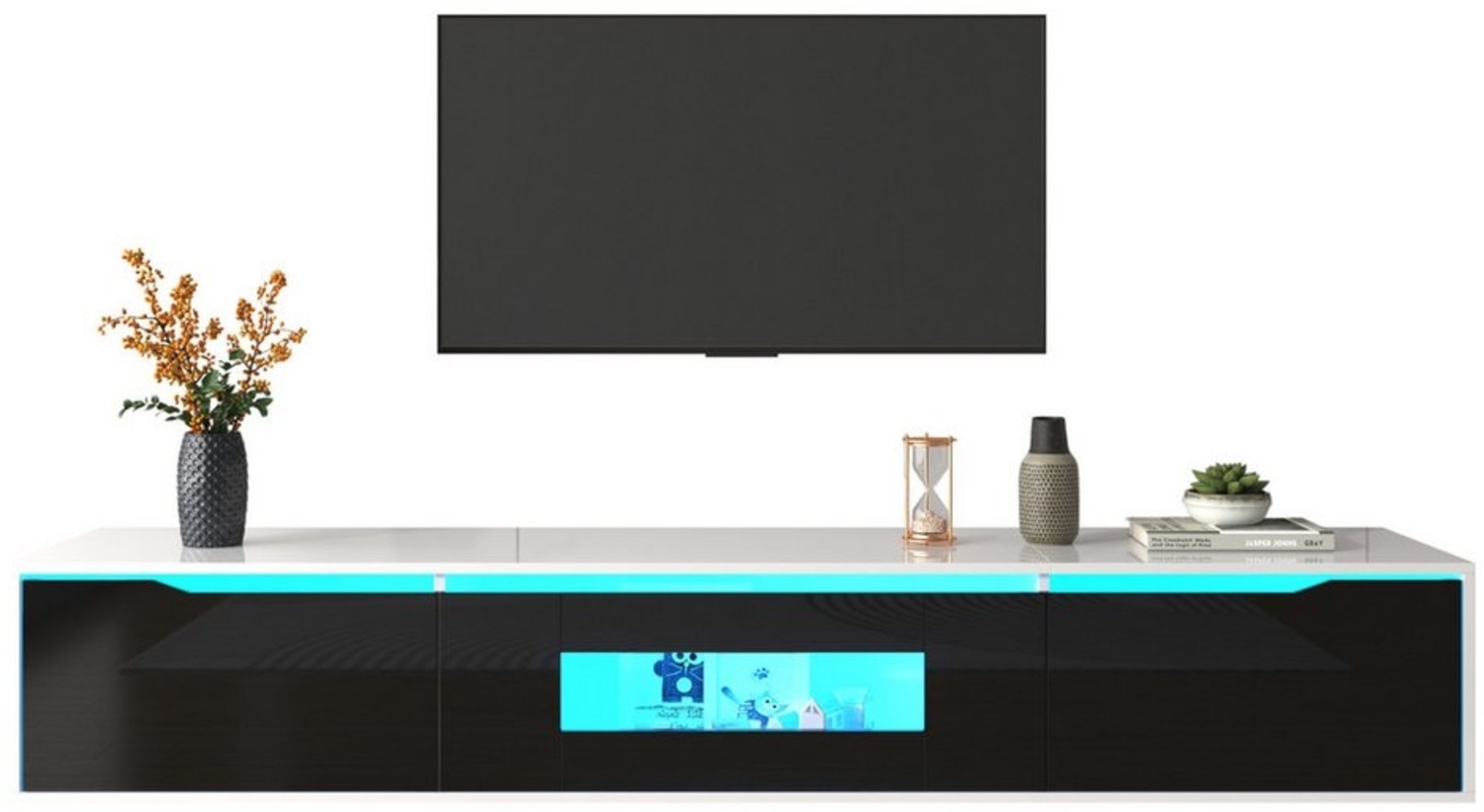 KLAM HOME Lowboard TV-Schrank Hochglanz-TV-Schrank mit farbwechselnder LED-Beleuchtung (für Wohnzimmer Schlafzimmer farblich passend zu Schwarz und Weiß), 180 x 35 x 30 cm Stauraum mit großer Kapazität Bild 1