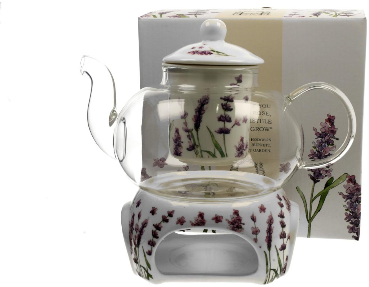 DUO FLORAL Teekanne 1000 ml CLASSIC LAVENDER mit Stövchen, Glas - New Bone China Porzellan Bild 1