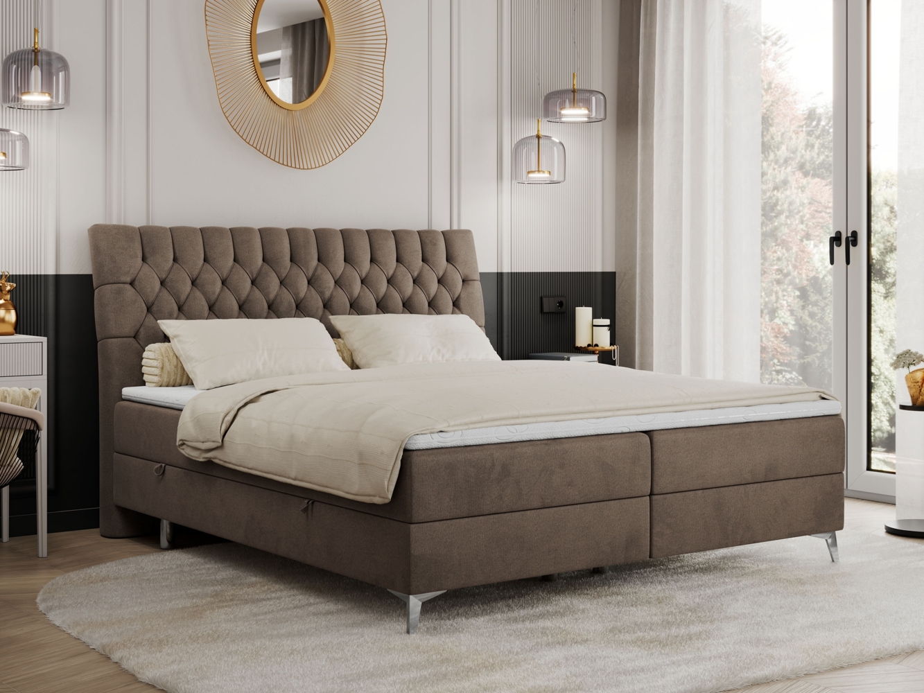 Boxspringbett mit 2 Bettkästen Matratze und Topper - MILEN - 140x200cm - Braun Velours - H4 Bild 1