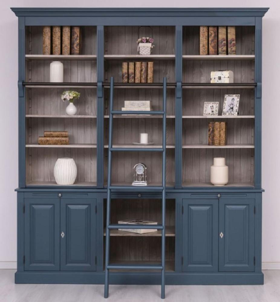 Casa Padrino Landhausstil Bücherschrank mit Leiter Blau / Grau 229 x 51 x H. 244 cm - Massivholz Schrank - Wohnzimmerschrank - Regalschrank - Büroschrank - Landhausstil Möbel Bild 1