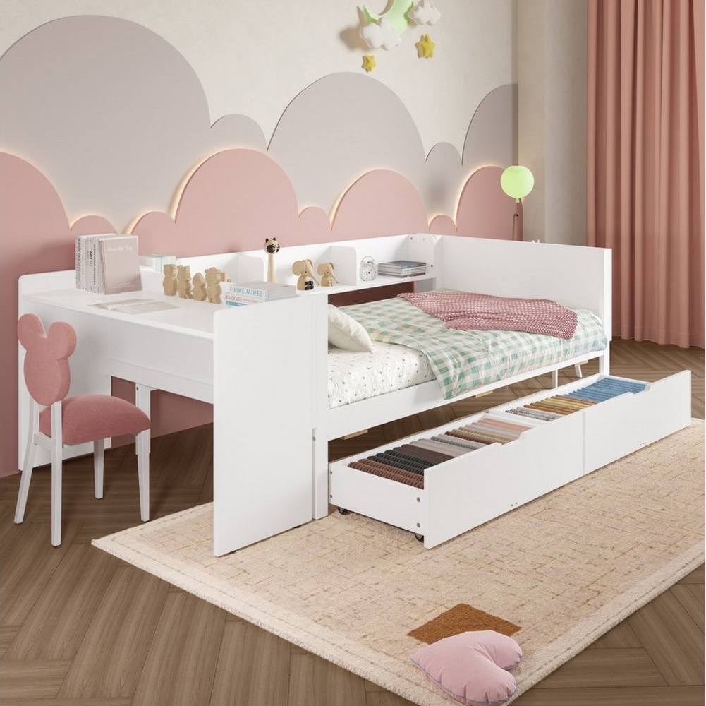 Flieks Kinderbett, Massivholzbett Einzelbett 90x200cm mit Schreibtisch und 2 Schubladen Bild 1