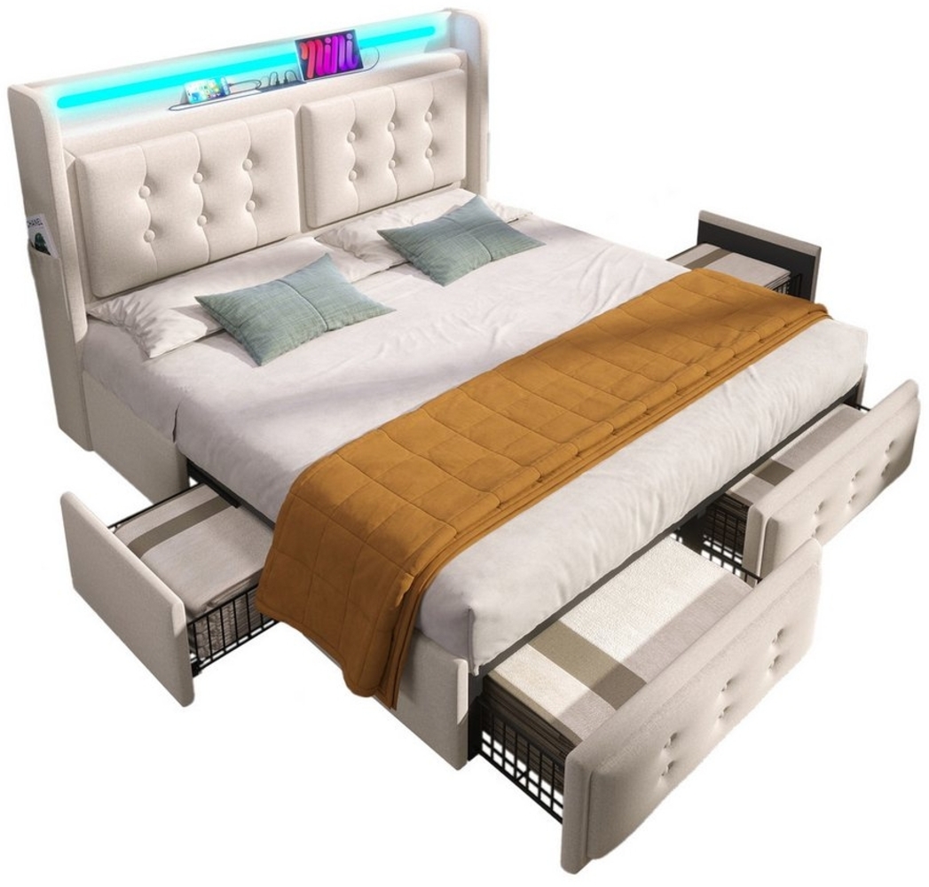 TavilaEcon Stauraumbett Doppelbett mit Led-Kopfteil und USB Ladefunktion und 4 Schubladen (Ohne Matratze), mit Lattenrost aus Holz und Metallrahmen, Belastbarkeit 300 kg, beige Bild 1