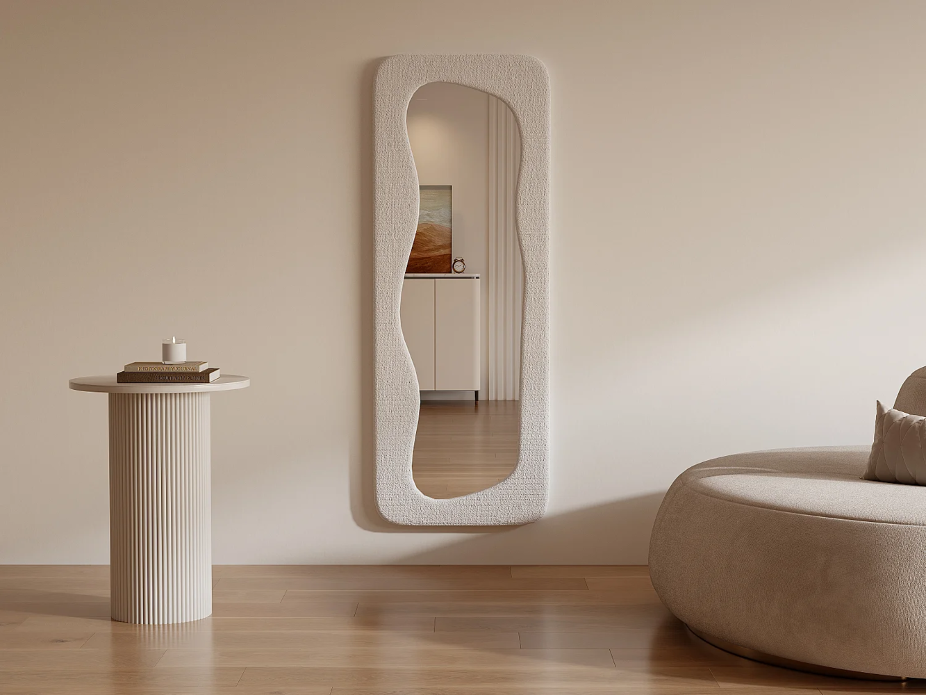 Vente-unique - Organischer Spiegel - Bouclé-Stoff - 60 x 160 cm - Elfenbein - HAIMEI Bild 1