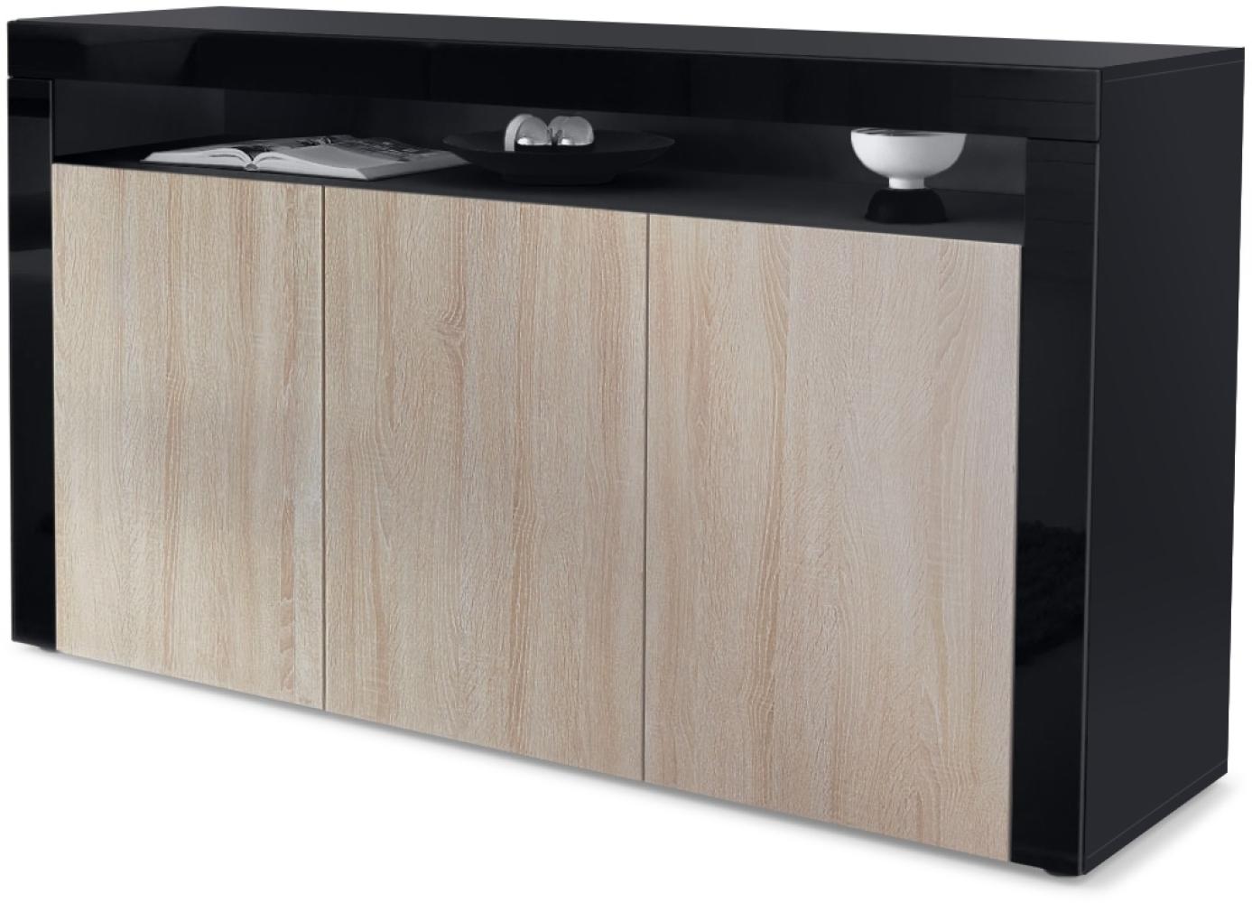 Vladon Sideboard Valencia, Kommode mit 3 Türen und 1 offenem Fach, Schwarz matt/Eiche sägerau/Schwarz Hochglanz (155 x 92 x 40 cm) Bild 1