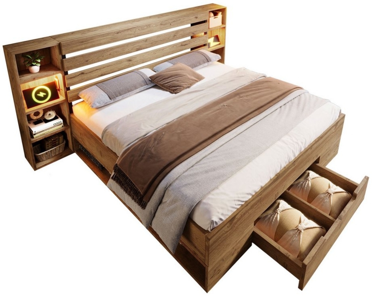 MODFU Massivholzbett mit Bettgestell Lattenrost aus holz (Struraumbett, Doppelbett Funktionsbett, 1-tlg, 160×200cm, ohne Matratze), Stauraumbett Bettanlage mit LED-Beleuchtung und USB/Type C Bild 1