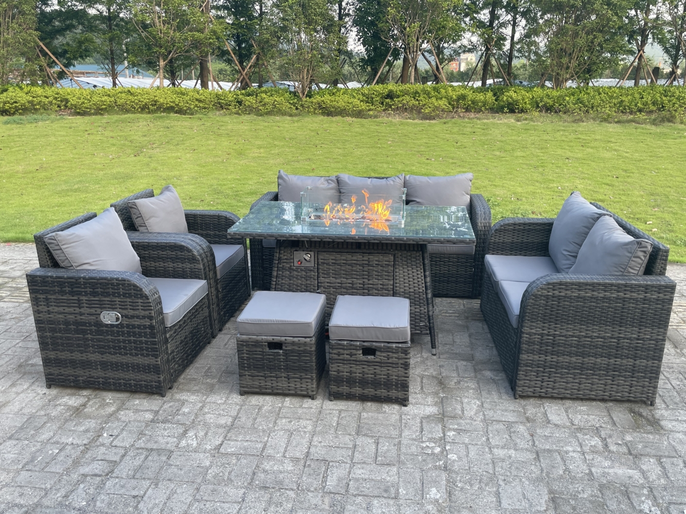 Fimous Dunkelgrau Gemischt Rattan Outdoor Gartenmöbel Gas Feuerstelle Brenner Tisch Sets Gas Heater Lounge Love Sofa Recling Stühle Fußhocker 9 Sitzer Bild 1