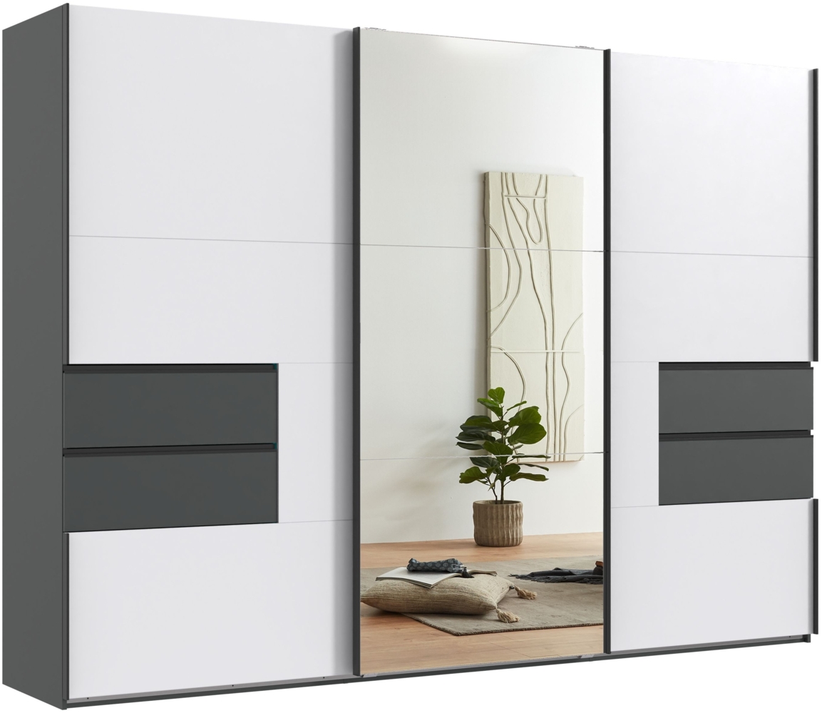 Schwebetürenschrank Kleiderschrank 300 cm Schubladen Grafit, Front Weiß Spiegel Bild 1