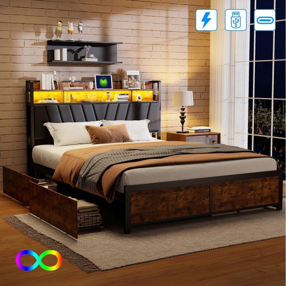 Furnishings Home Stauraumbett Doppelbett Polsterbett LED (4 Schubladen), Mit LED-Beleuchtung, Stauraum, Lattenrost, 180x200 cm Bild 1