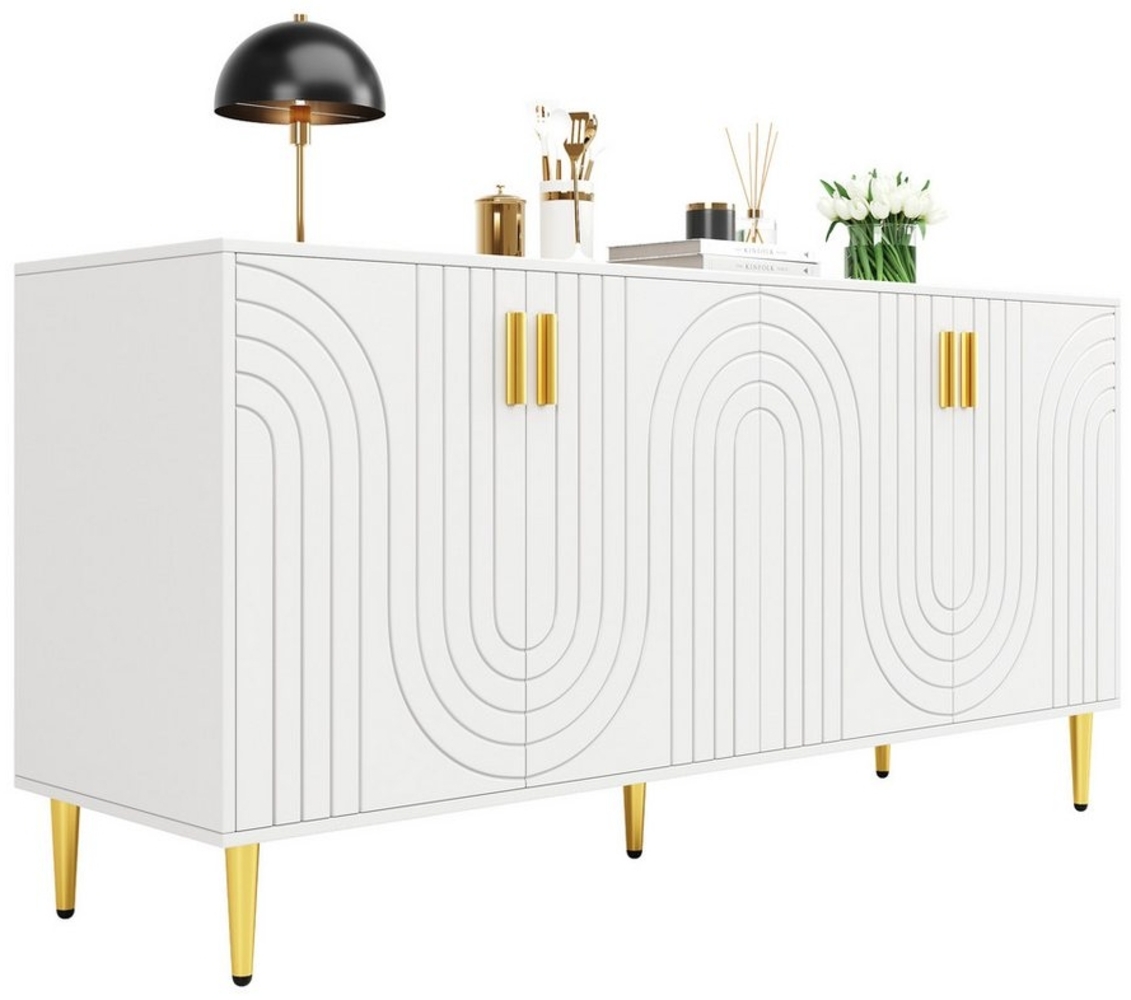 Tongtong Sideboard modernes Sideboard mit 4 Türen und 4 Fächern, 152 x 40 x 75 cm, mit einzigartigem Wellendesign und goldenen Füßen, Schwarz Bild 1