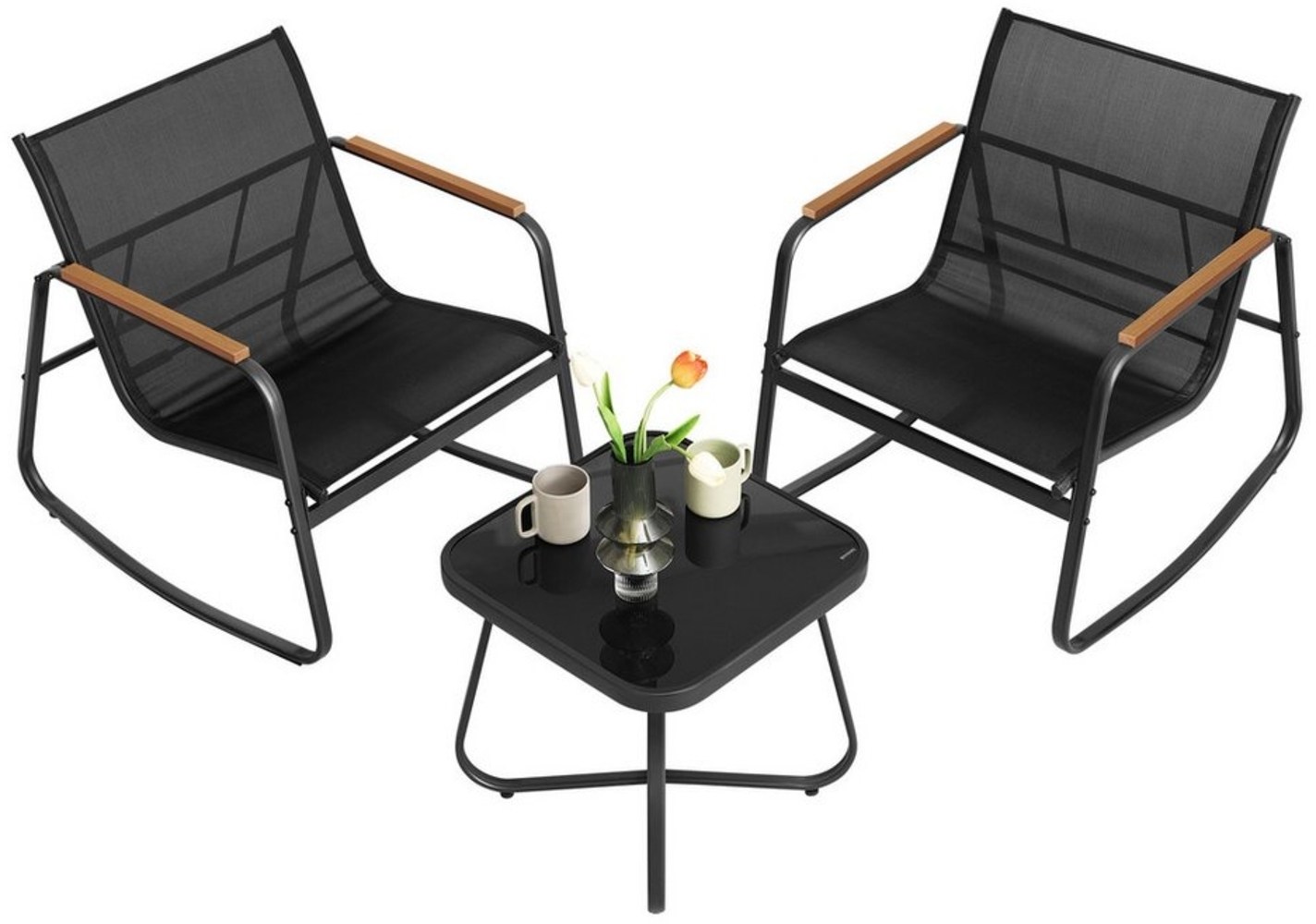 SONGMICS Gartenmöbel-Set, Balkonmöbel, 2 Schaukelstühle mit Tisch, Stahl, Terrassenmöbel, mit Armlehnen, atmungsaktives Kunstfasergewebe, Terrasse, Balkon, Garten Bild 1