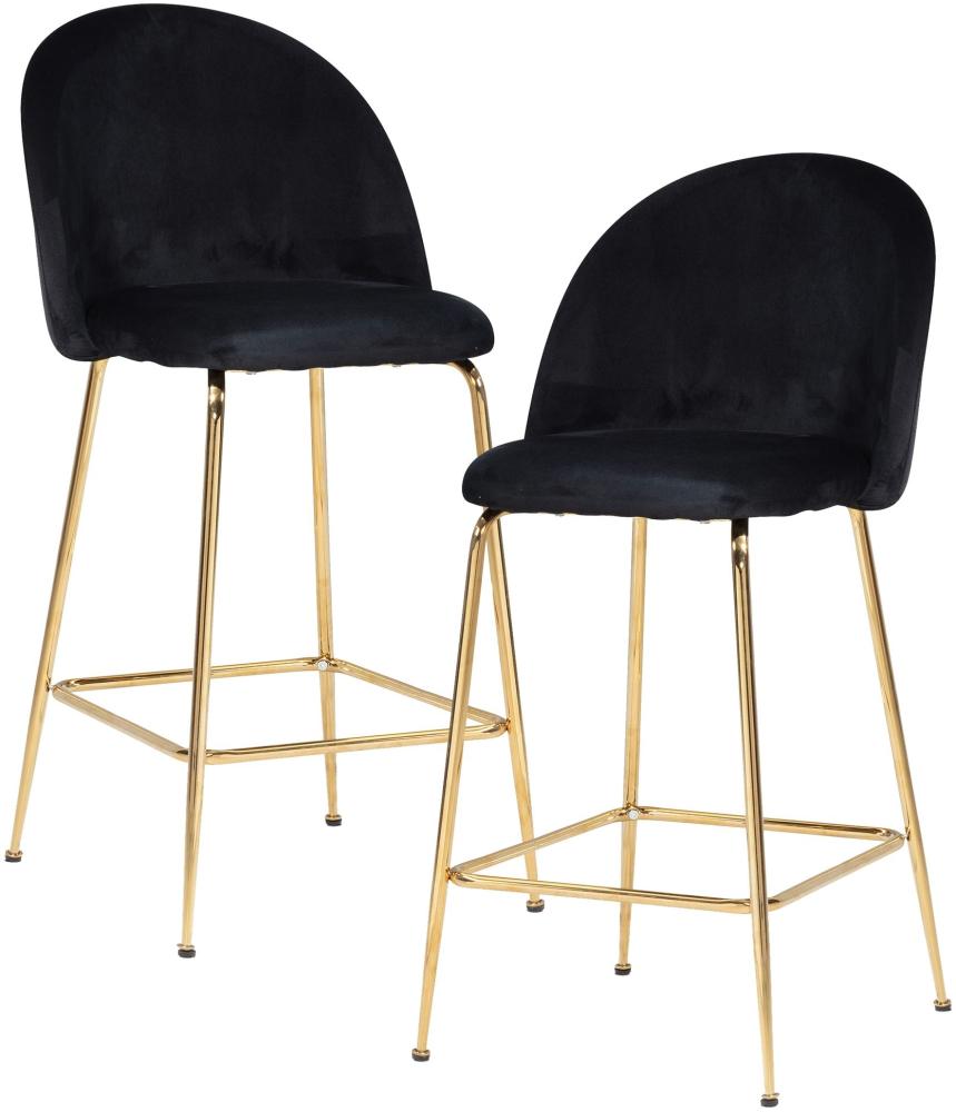 FineBuy 2er Set Barhocker Samt Hocker mit Lehne & goldenen Beinen, Küchenhocker Skandinavisch Stoff / Metall 110 kg, Design Barstuhl Tresenhocker, Bistrohocker Gepolstert Schwarz Bild 1