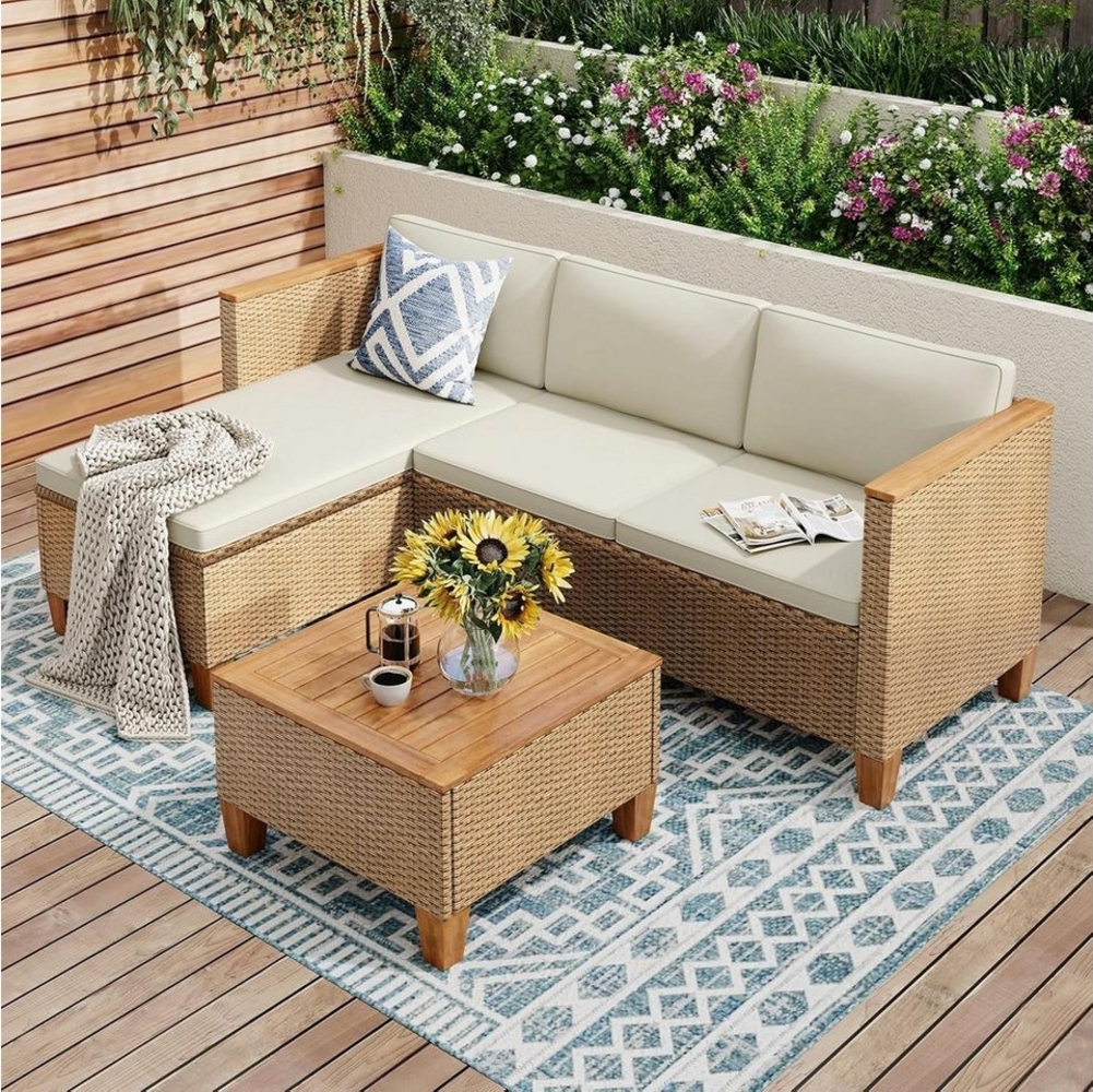 PHI VILLA Gartenlounge-Set, (1 Chaiselongue, 1 Zweisitzer-Sofa und 1 Kleiner Couchtisch, PE Rattan Lounge Möbel Outdoor), 4 Personen Terassenmöbel Außen Gartensofa Bild 1
