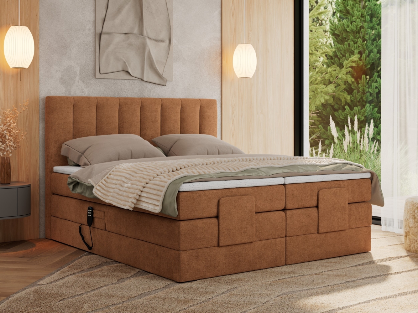 Boxspringbett mit elektrisch verstellbaren Matratzen, zwei Bettkästen und einem Topper - COMFORTO - 160 x 200 cm - Orange Struktur - H3 Bild 1