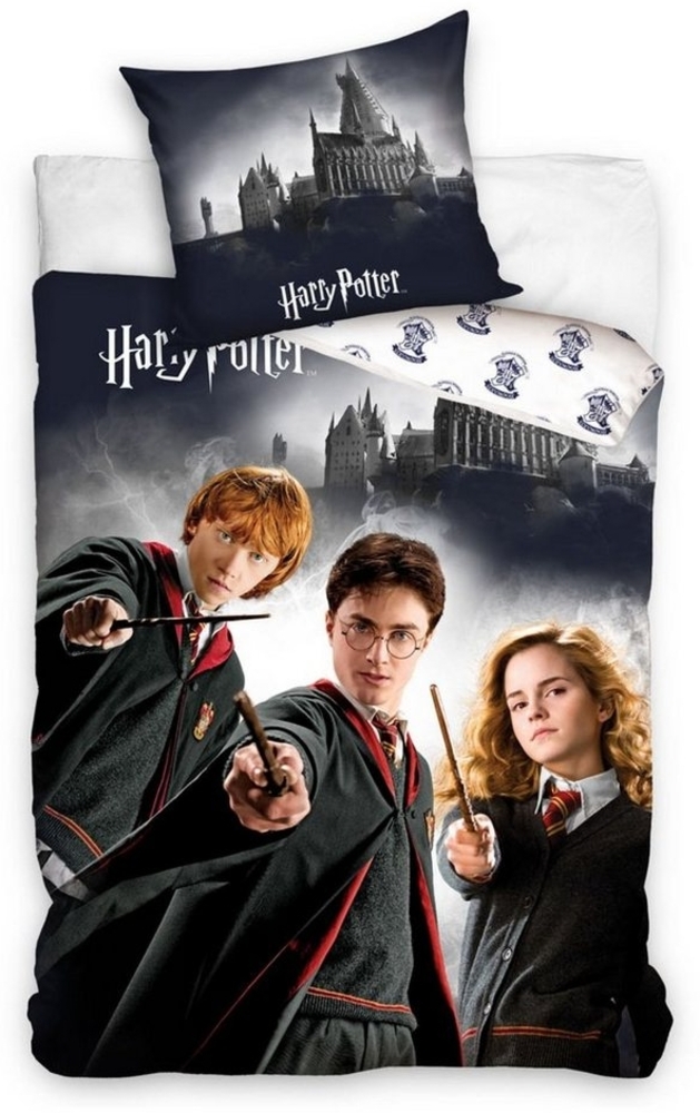 MTOnlinehandel Bettwäsche Harry Potter 135x200 + 80x80 cm 2 tlg, 100 % Baumwolle in Renforcé, Renforcé, 2 teilig, Bettwäsche-Set mit Hermine, Harry & Ron für Kinder, Teenager, Jugend Bild 1