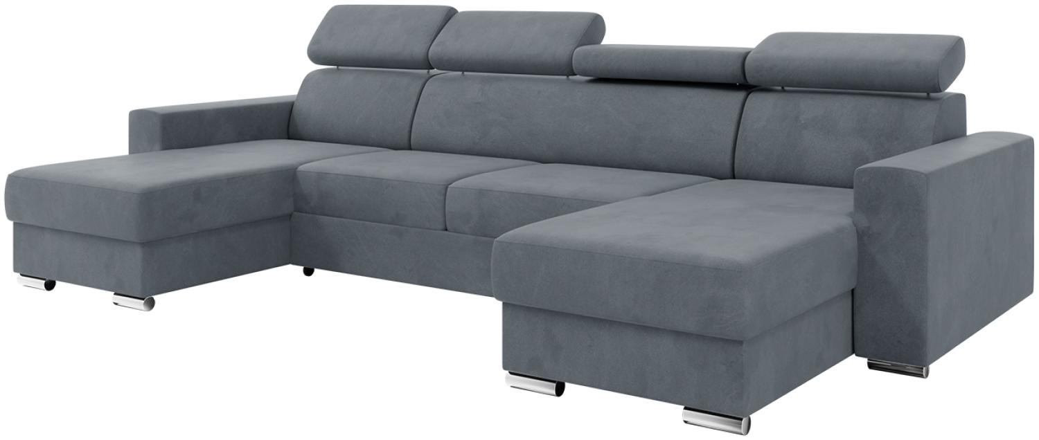 MEBLINI Schlafcouch mit Bettkasten - VOSS - 306x168x79cm - Grau Samt - Ecksofa mit Schlaffunktion - Sofa mit Relaxfunktion und Kopfstützen - Couch U-Form - Eckcouch - Wohnlandschaft Bild 1