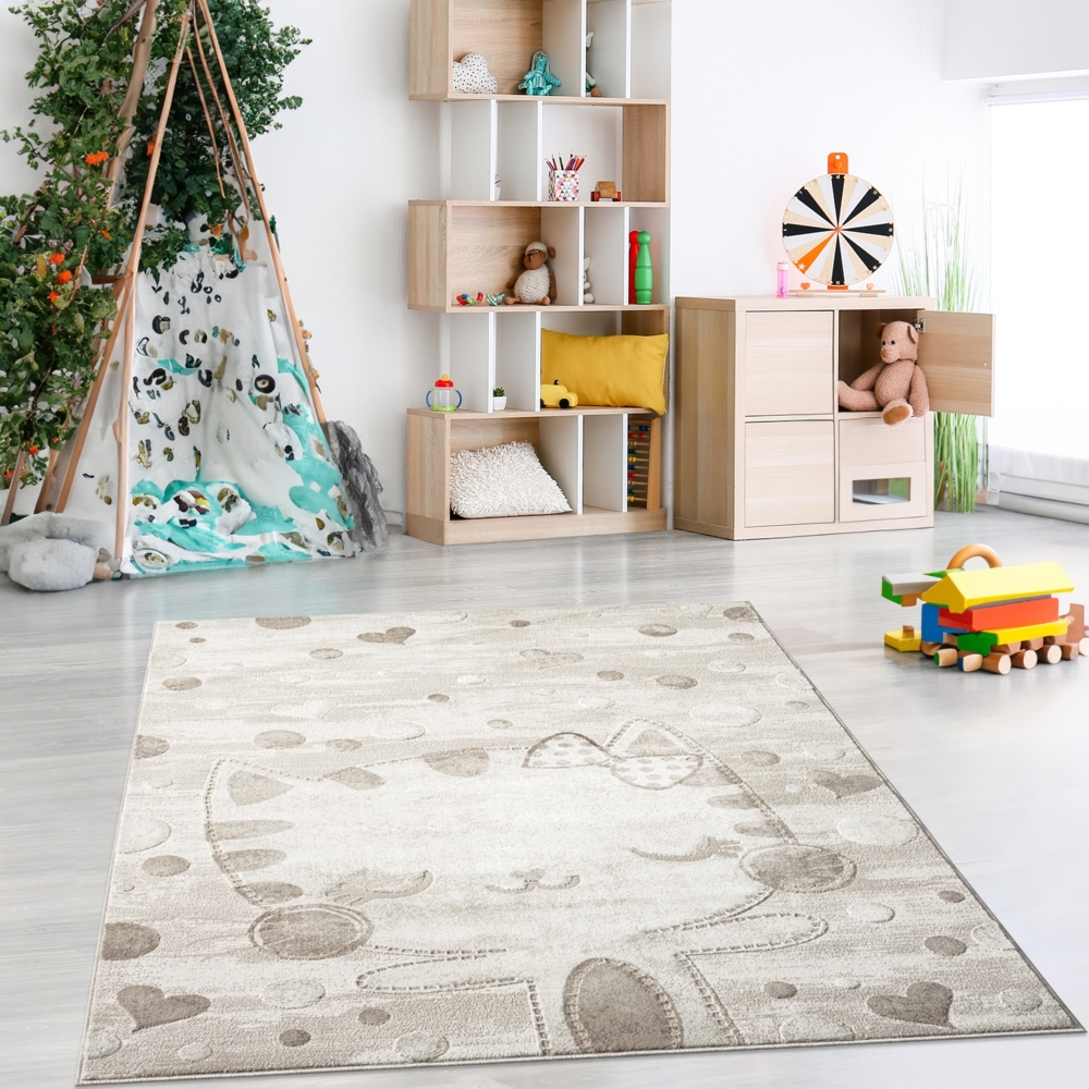 Teppich Kinderzimmer 120x160cm - Pastell Beige Creme - Kurzflor Spielteppich mit einer niedlichen Katze - Motiv Bild 1