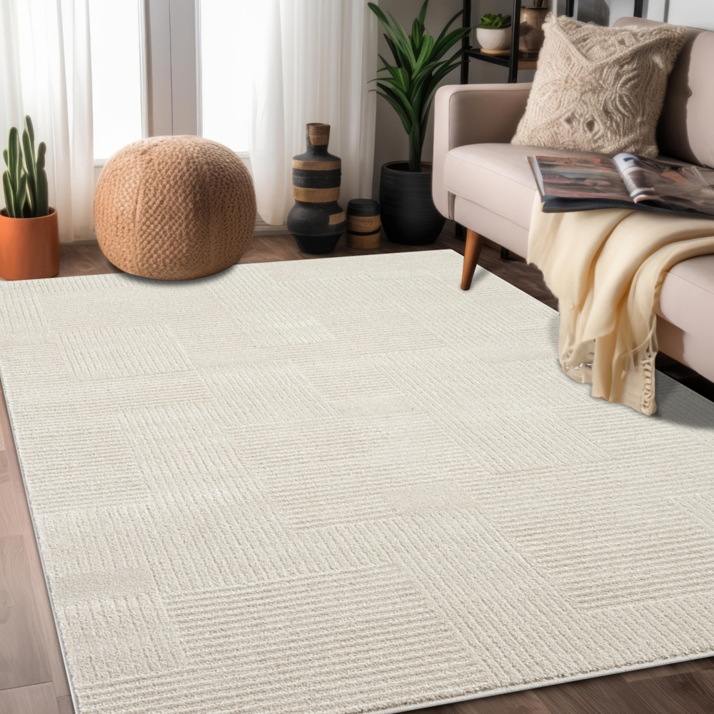 Teppich Wohnzimmer Kurzflor Beige 160x230cm Geometrisch Gestreifte Muster mit Hoch-Tief-Effekt, 3D Effekt, Weich Bild 1