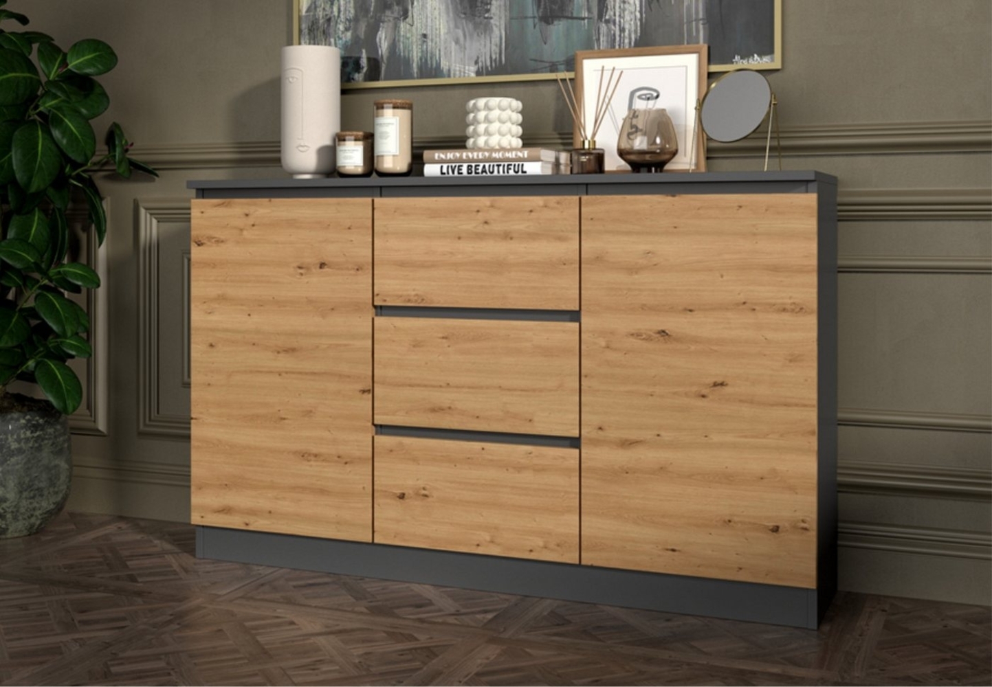 Home Collective Kommode Highboard Sideboard für Flur Schlafzimmer Wohnzimmer (Perfekt für Wohnzimmer, Schlafzimmer oder Esszimmer), mit 3 Schubladen und 2 Türen, Breite 120 cm Höhe 75, Anthrazit Artisan Bild 1