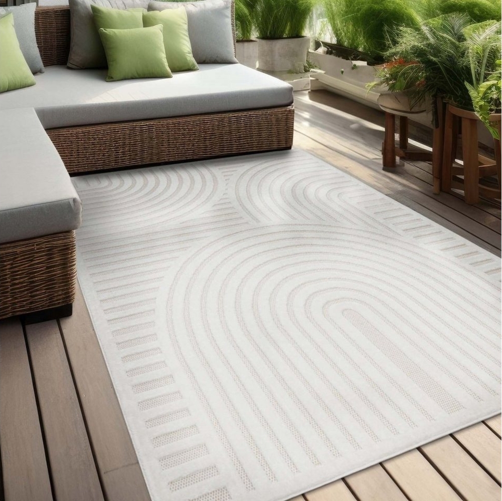 TaraCarpet Teppich Indoor und Outdoor Teppich wetterfest Barcelona Wave Boho Style, rechteckig, Höhe: 10 mm, Wave Boho weiß Wohnzimmer Schlafzimmer Esszimmer 80X250 Bild 1