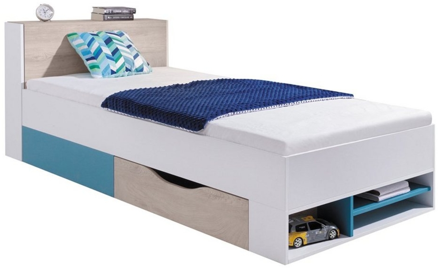 Lomadox Jugendbett PITTSBURGH-133, Jugendbett 90x200cm mit Funktionen, weiß/Eiche/blau Bild 1