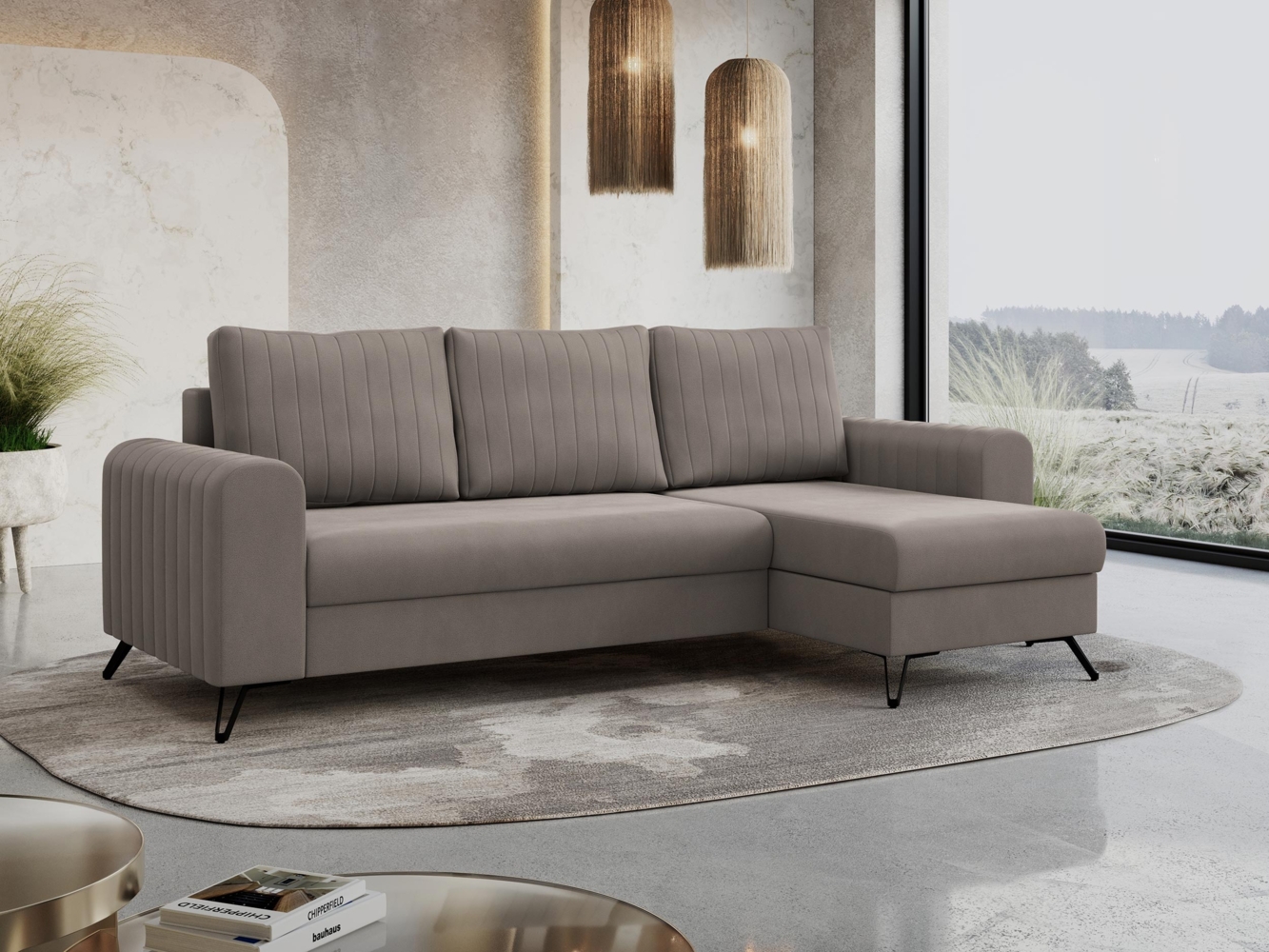 Ecksofa L-form, Bettsofa mit Schlaffunktion, zwei Bettkasten - AXEL - Braun Velours Bild 1