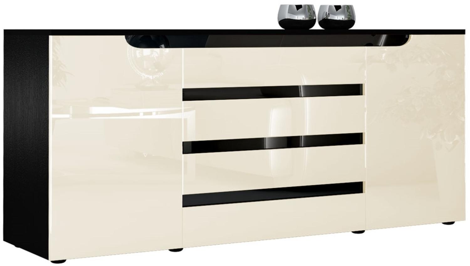 Sideboard Kommode Sylt V2, Korpus in Schwarz matt / Front in Creme Hochglanz mit Absetzungen in Schwarz Hochglanz (166 x 72 x 35) Bild 1