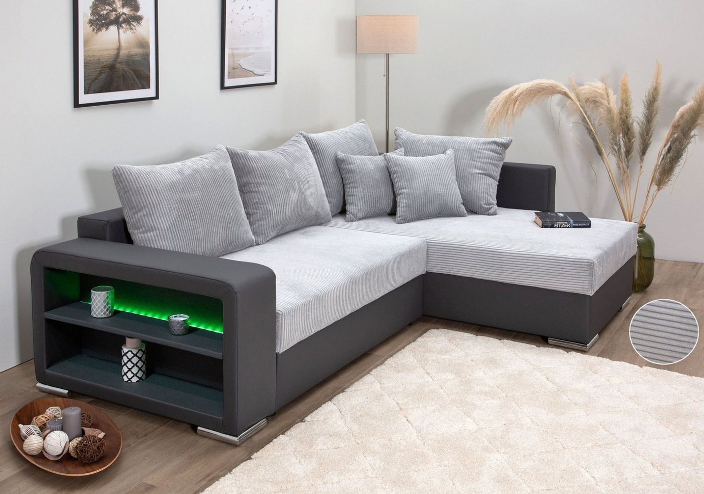 COLLECTION AB Ecksofa L-Form, Regalarmlehne mit LED RGB Beleuchtung,Bettfunktion und Bettkasten Bild 1