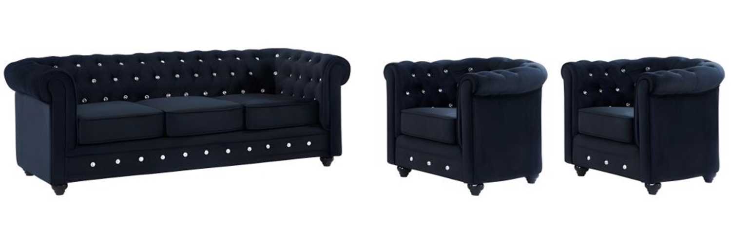 Vente-unique - Couchgarnitur 3+1+1 - Samt - Schwarz mit Knöpfen in Kristalloptik - CHESTERFIELD Bild 1