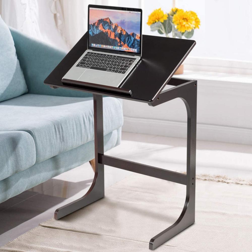 COSTWAY Beistelltisch Laptoptisch C-förmig, Kaffeetisch Computertisch Bambus, Stehtisch mit Metallgestell, Couchtisch Höhenverstellbar, Wohnzimmertisch Bild 1