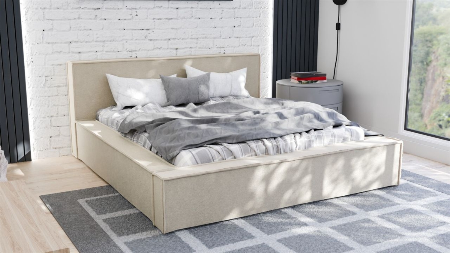 Polsterbett Doppelbett ALDANA 120x200cm Komplettset in Stoff Freya Beige Bild 1