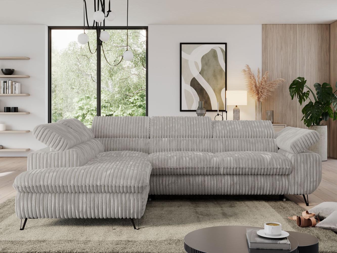 Ecksofa mit Bettfunktion, Modern Sofa, L-form, Einstellbare Kopfstützen, Bettkasten, PEDRO, 1x Ecksofa, 1x Topper, Hellgrau, Cord, links Bild 1