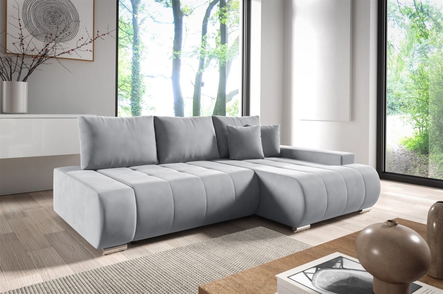 Ecksofa Schlafsofa ELMO Stoff Monolith Hellgrau Ottomane Rechts Bild 1