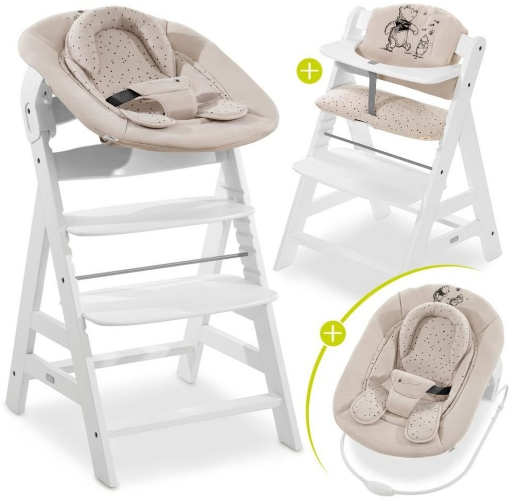 Hauck Hochstuhl Alpha Plus White Newborn Set Pooh Beige (Set), Holz Babystuhl ab Geburt inkl. Aufsatz für Neugeborene & Sitzauflage Bild 1