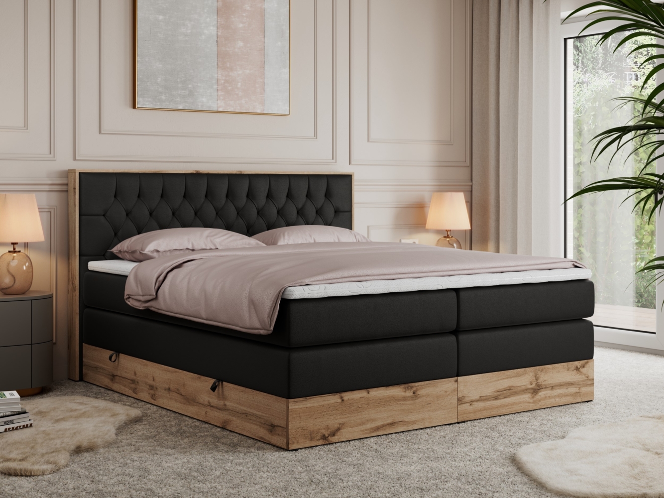 Boxspringbett AMORE KING, Doppelbett mit Multipocket-Matratze, Polsterbett mit Kopfstütze - 200 x 200 cm - Schwarz Kunstleder - H3 Bild 1