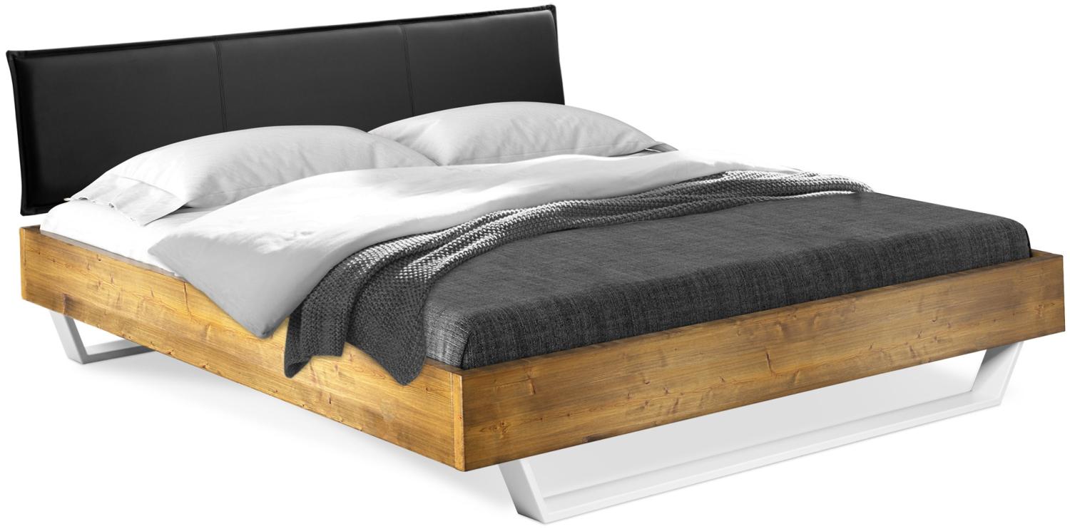 Möbel-Eins CURBY Kufenbett mit Polster-Kopfteil, Material Massivholz, rustikale Altholzoptik, Fichte, Kufen Weiß vintage 90x200 cm Kunstleder Schwarz Bild 1